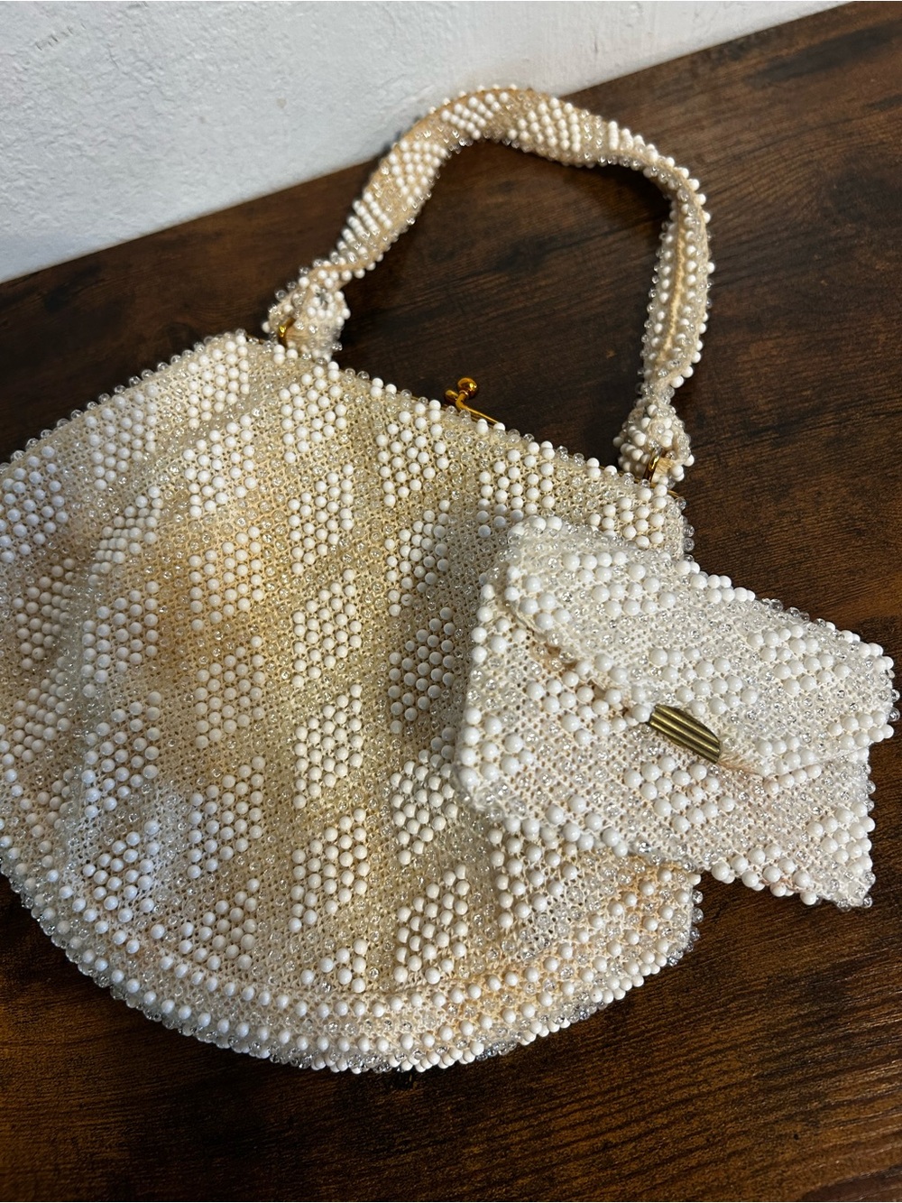 Vintage Corde Bead Cream Beaded Handbag with Coin Purse Made in USA Kiss Lock
